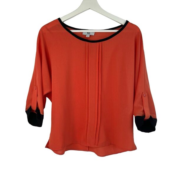 Nilli Tops - Nilli Size 0 Blouse Shirt Orange Black Trim Pleated Front 3/4 Roll Tab Sleeve